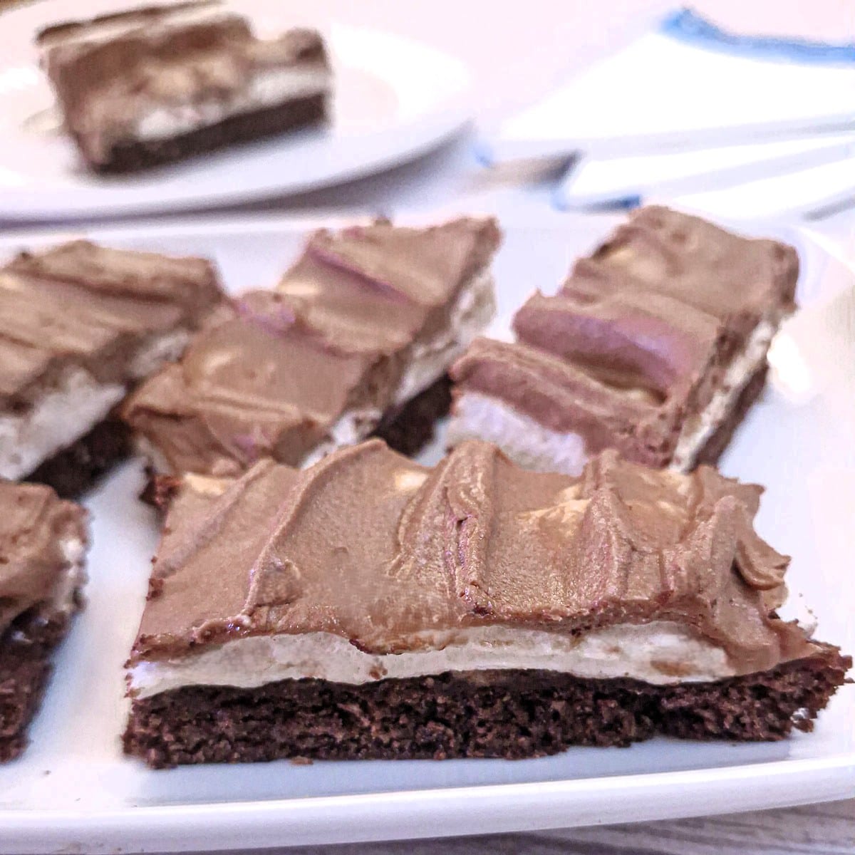 Close jup of a slice of wagon wheel tray bake showing the pastry base, the jam and marshmallow layer, and the chocolate ganache on top.