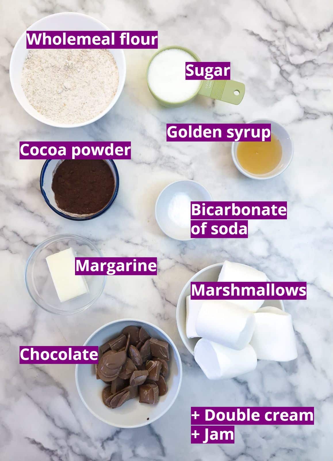 Ingredients for a homemaqde jam and marshmallow wagon wheel slice.