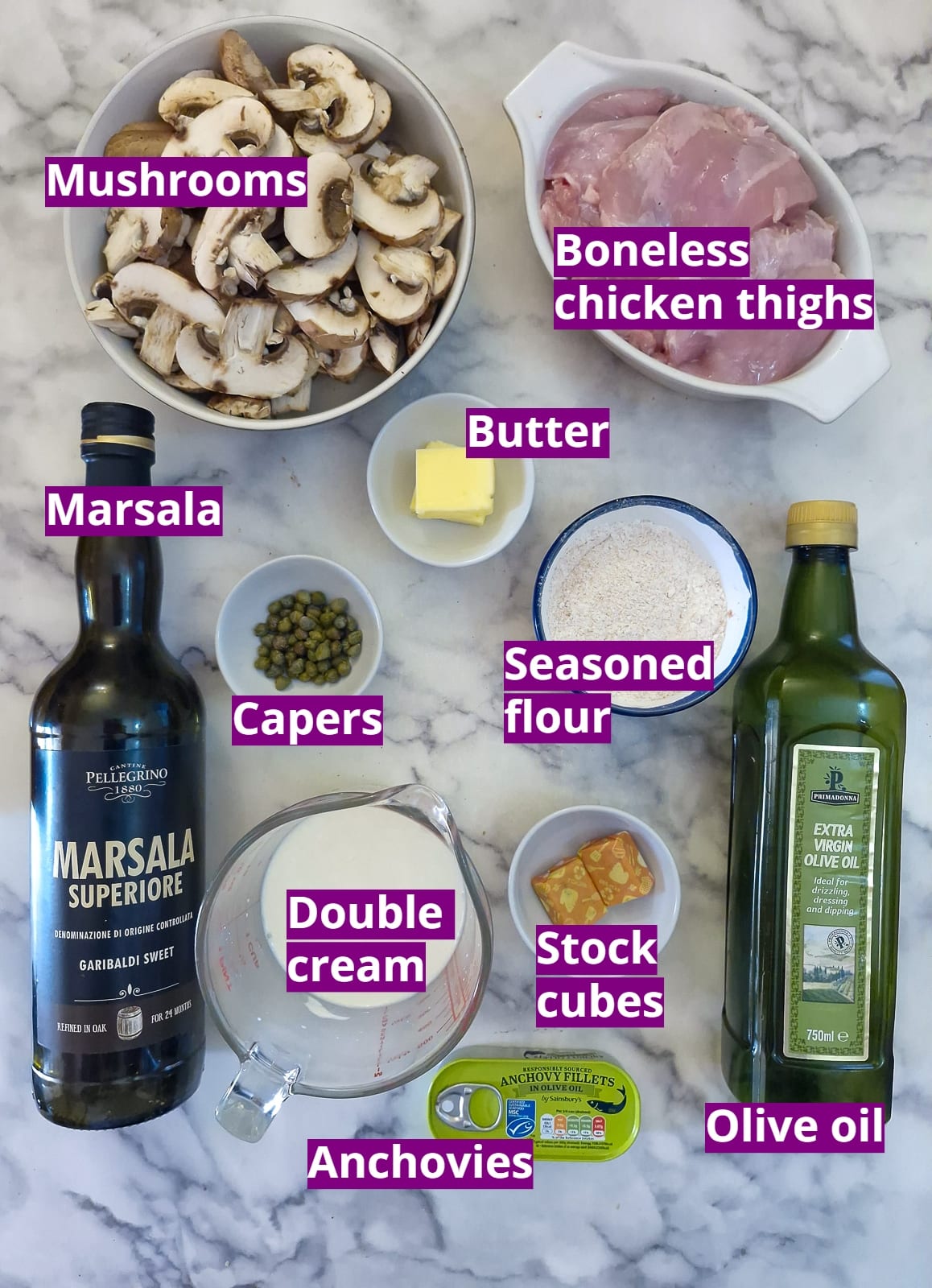 Ingredients for making creamy chicken marsala