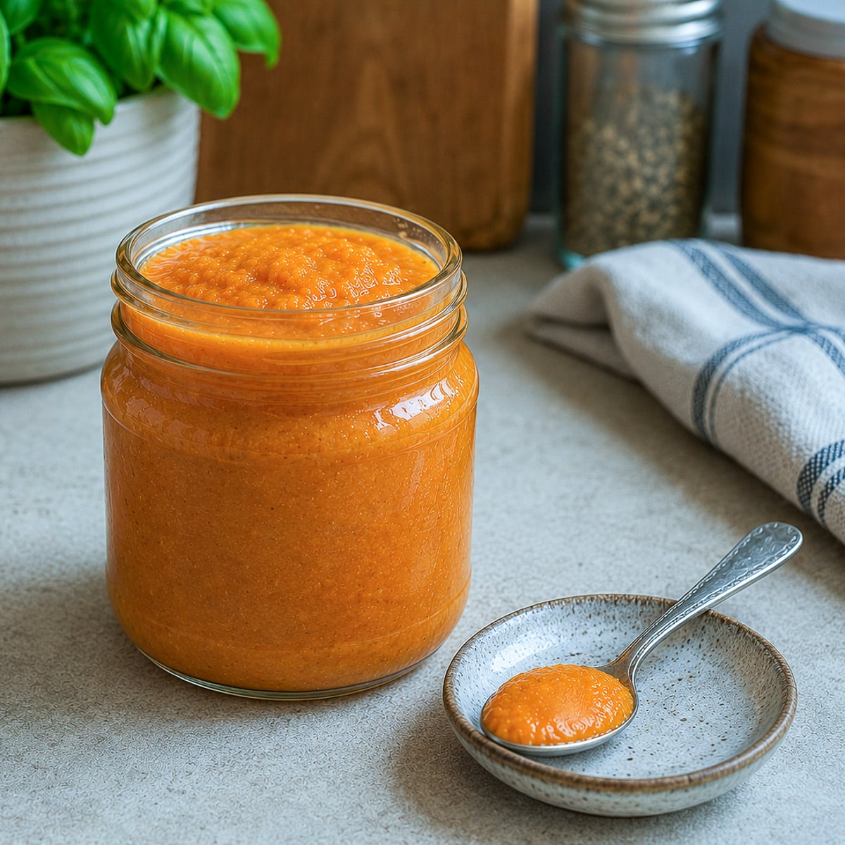 A jar of roasted red pepper and tomato cooking sauce - one of the recipes in the Foodle Club Pantry.