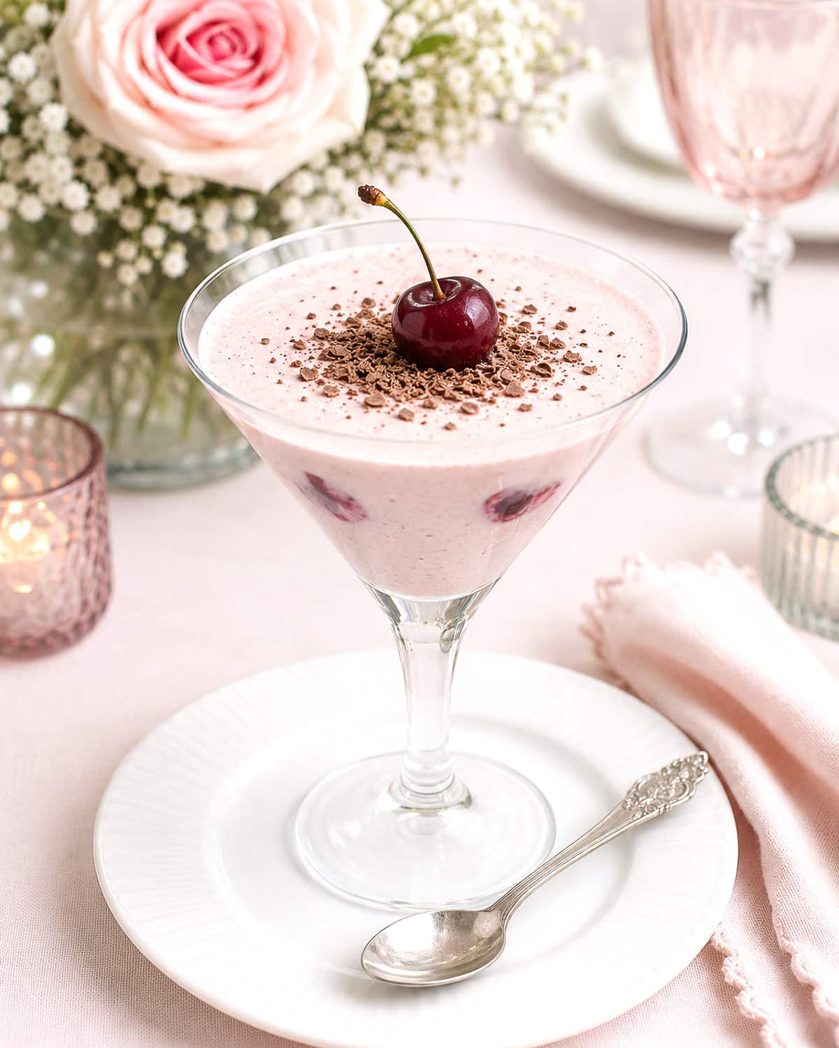 An elegant dinner party dessert - cherry milk jelly in a martini glass.