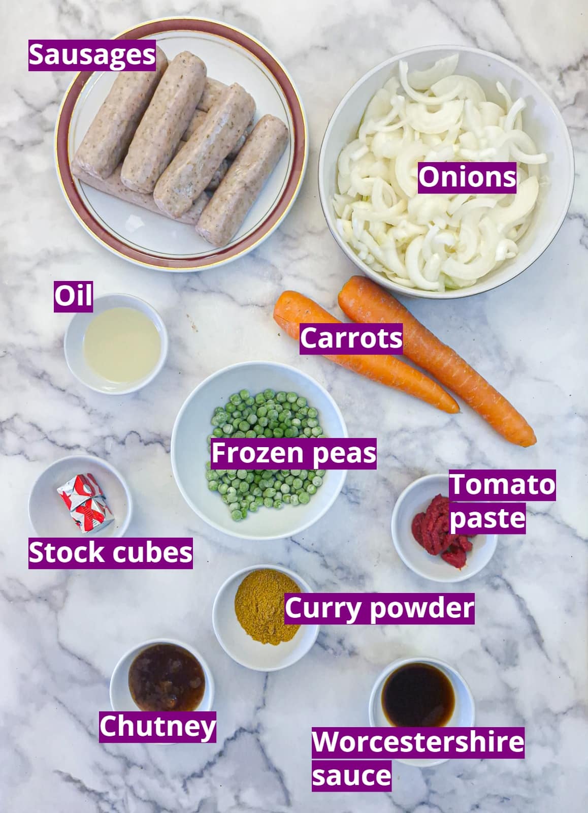 Ingredients for South African curried sausages.