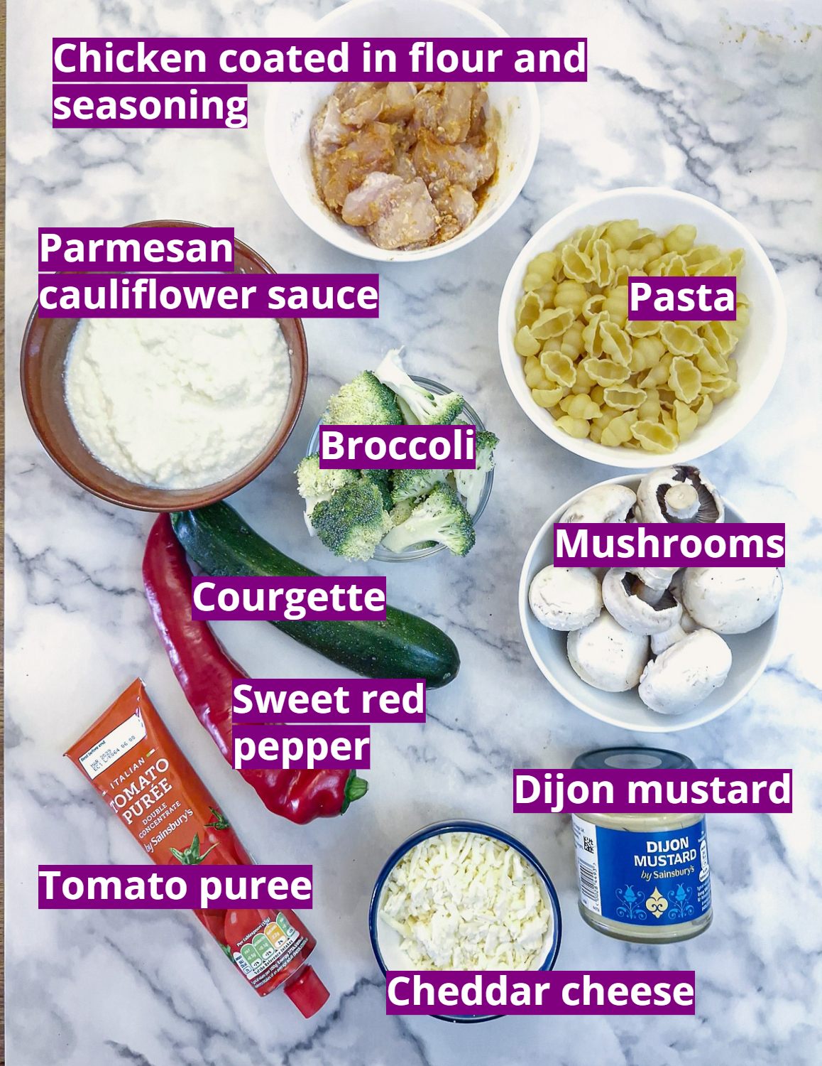 Ingrecients for chicken and vegetable pasta.