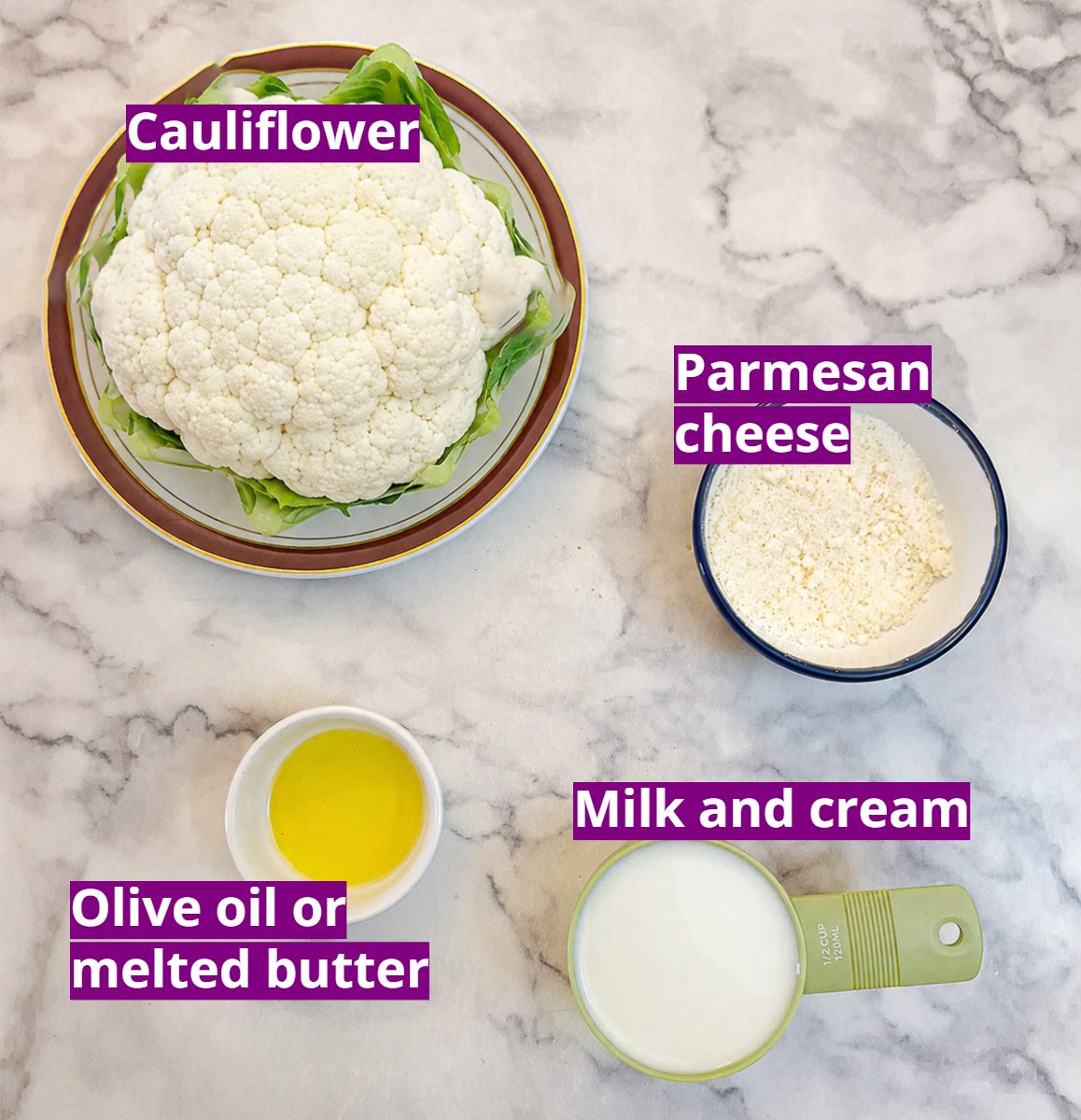 Ingredients you will need to make this creamy cauliflower sauce.