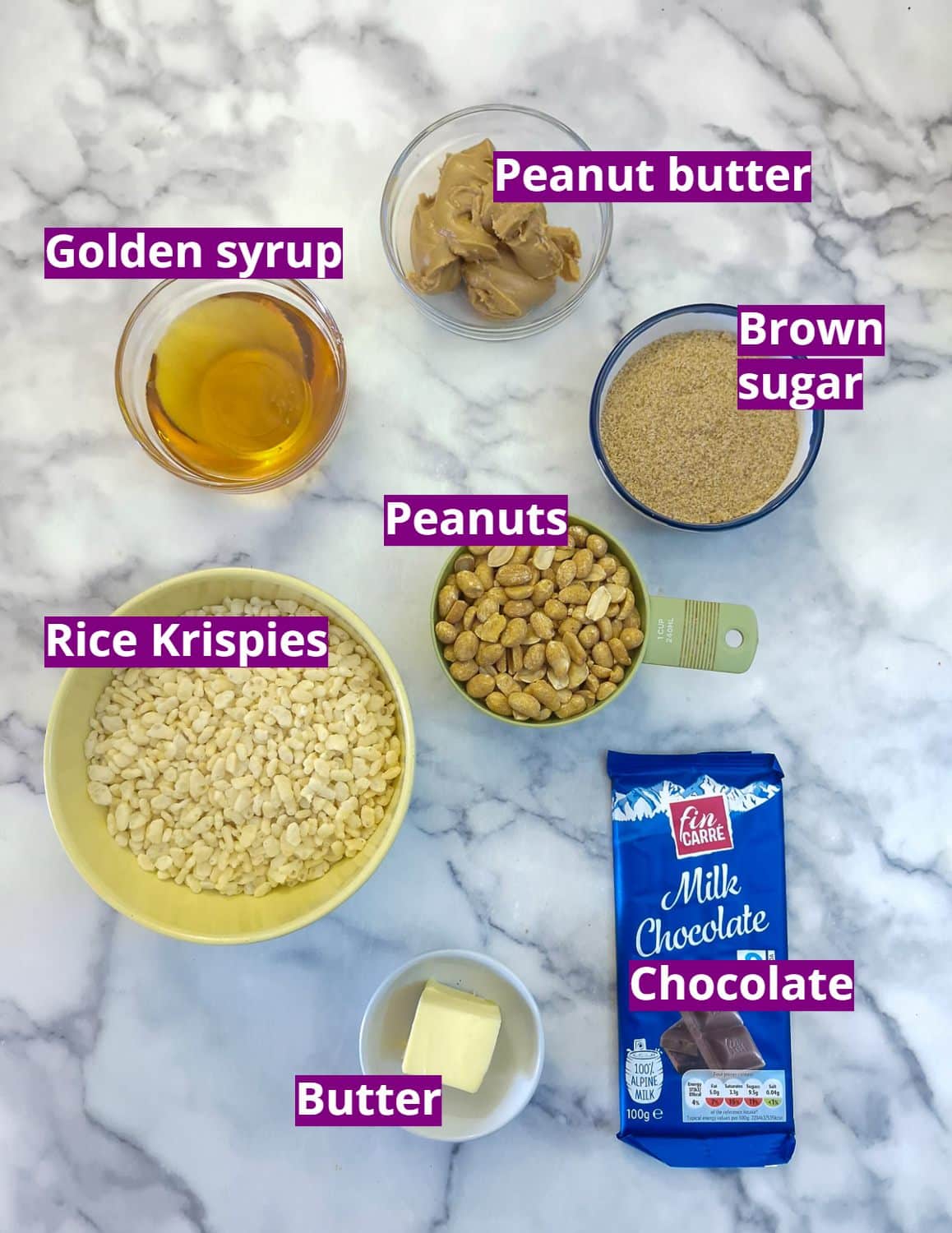 Ingredients you will need to make these chocolate peanut bars with Rice Krispies.