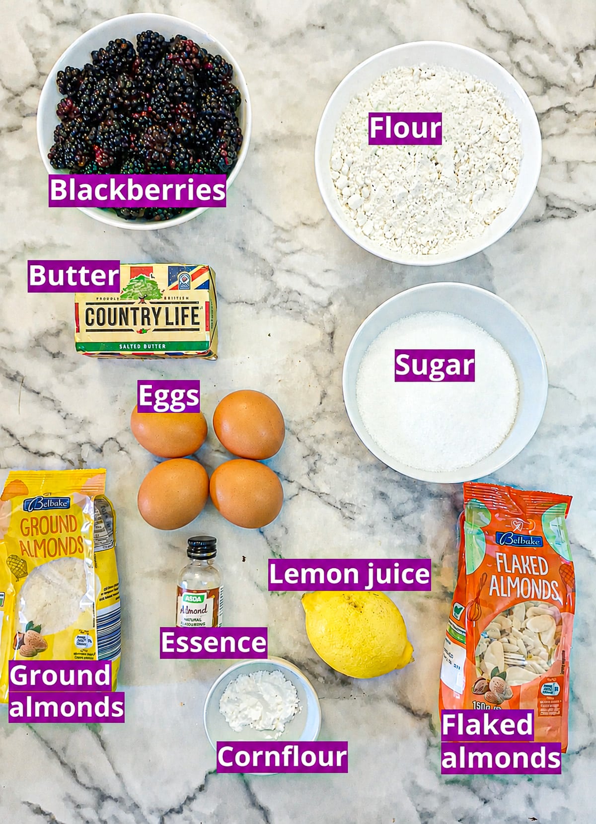 Ingredients you will need to make a blackberry frangipane tart.