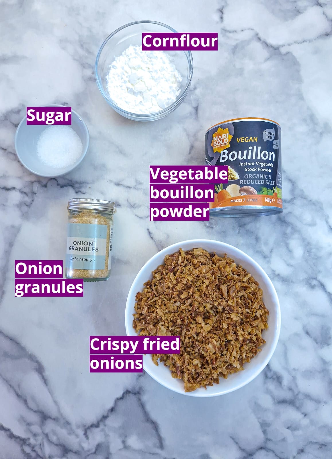 Ingredients needed for making French onion seasoning mix.