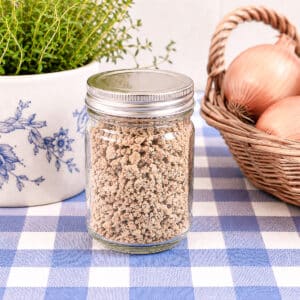 A small screw-top jar filled with homemade French onion seasoning mix.