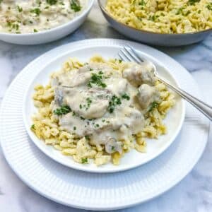 Strips of port fillet in a creamy mushroom sauce served on a bed of homemade spaetzle.