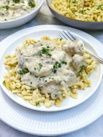 Strips of port fillet in a creamy mushroom sauce served on a bed of homemade spaetzle.