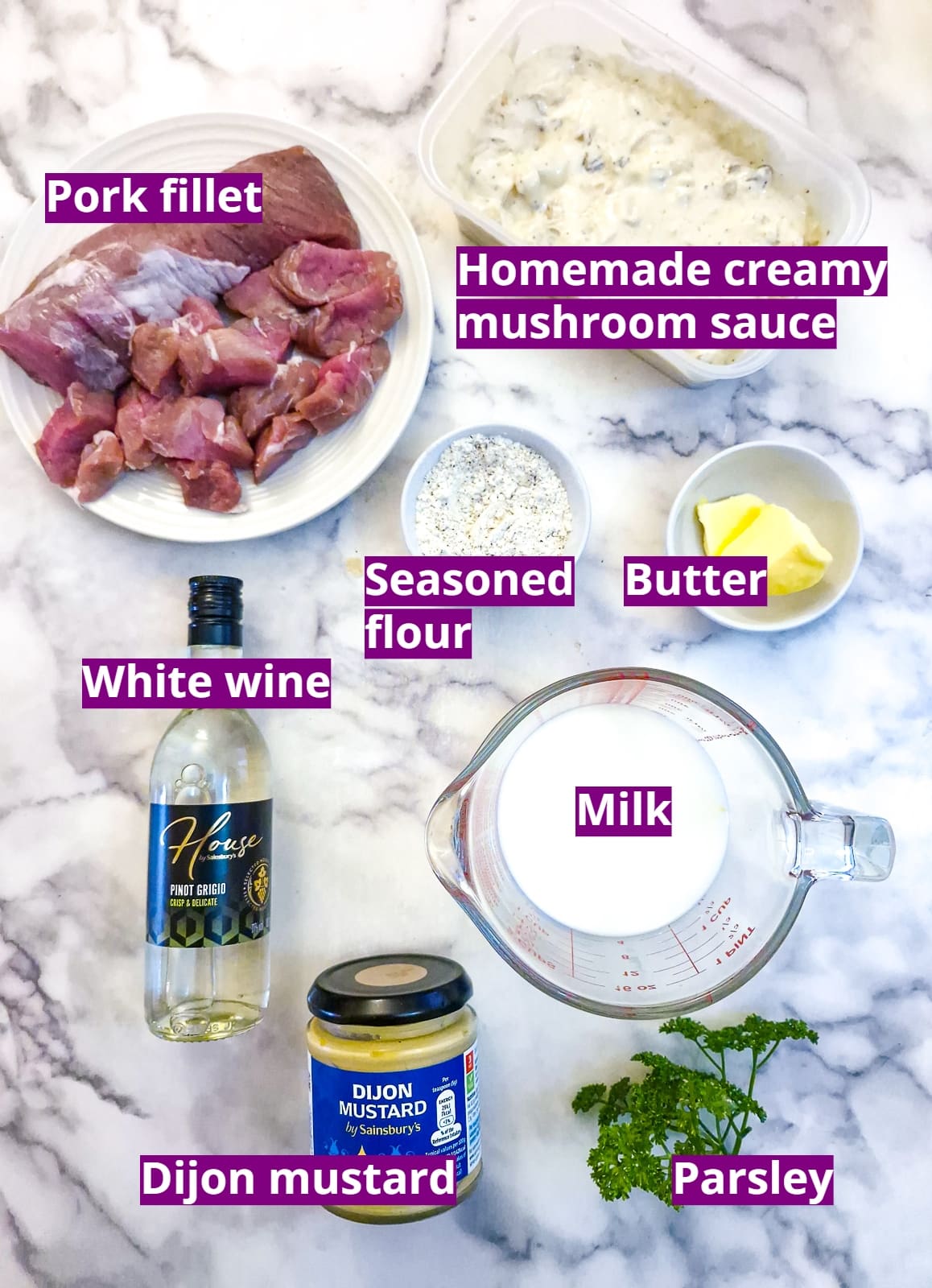 Ingredients you will need to make pork strips in creamy sauce.