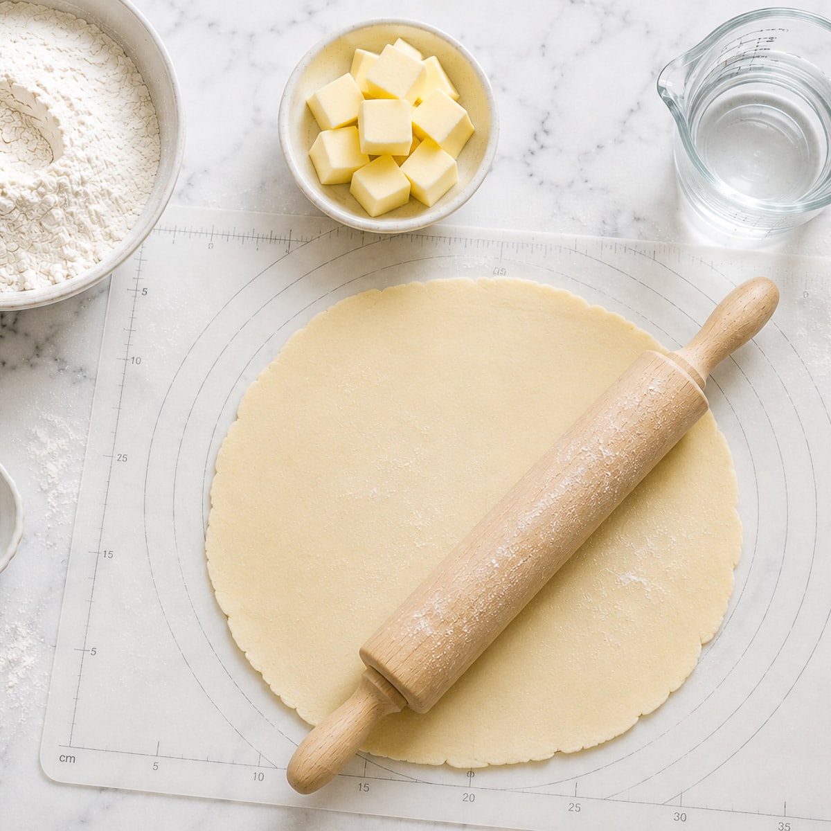 A ccircle of shortcrust pastry being rolled on a table.