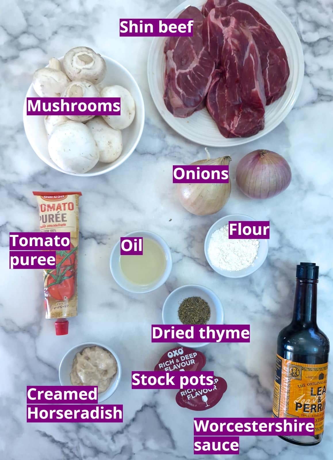 Ingredients for braised beef and onions with horseradish gravy.
