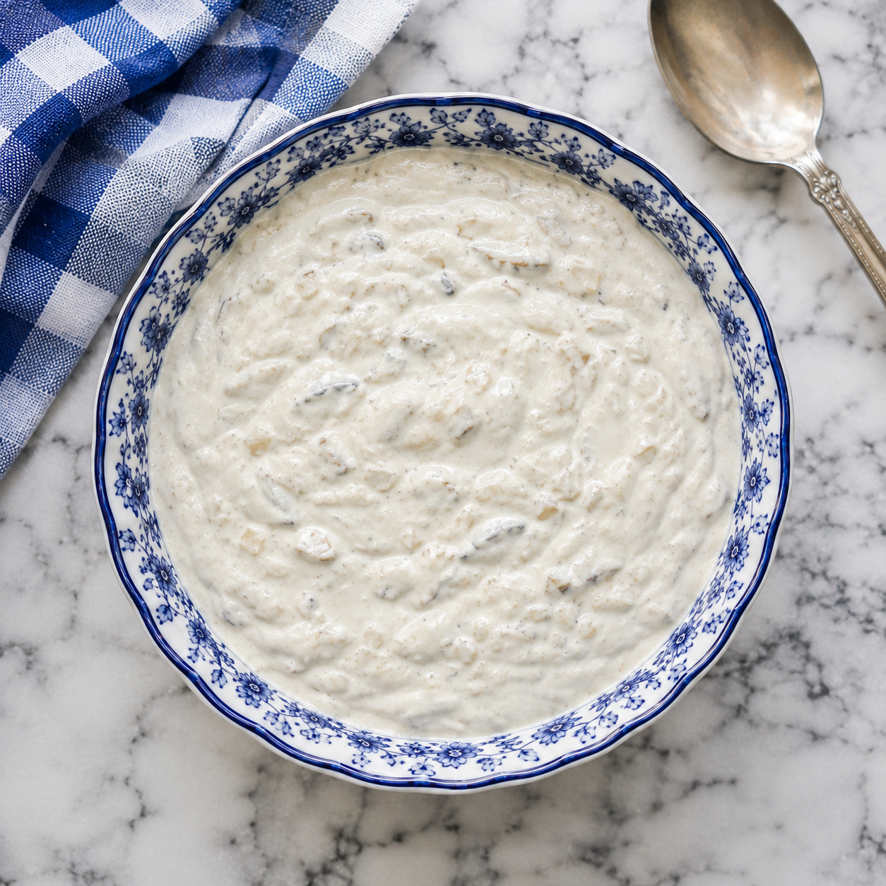 Overhead shot of creamy mushroom sauce in a serving dish.