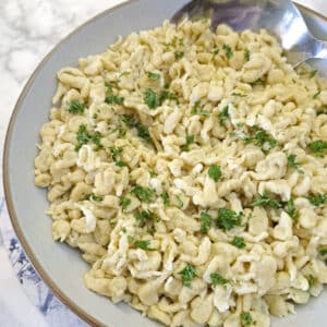 Closeup of a dish of spaetzle garnikshed with chopped parsley.