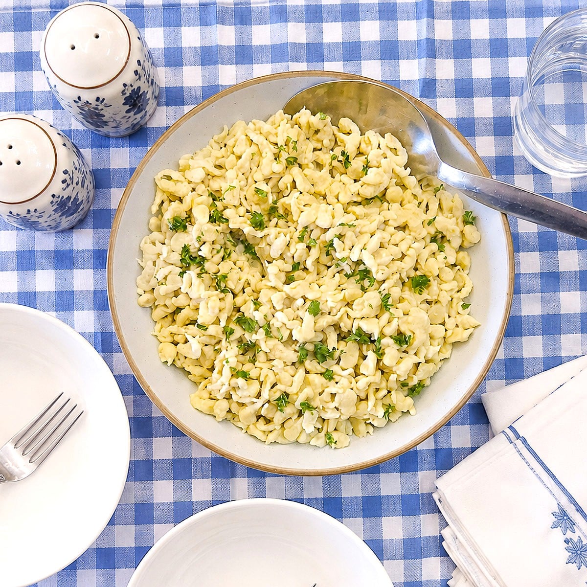 Overhead shot of a dish of spaetzle on a blue and white checked tablecloth.