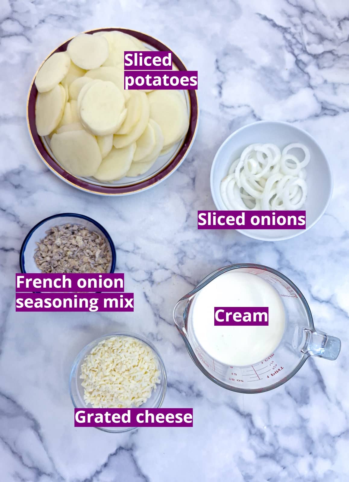 Ingredients for a French onion potato bake.