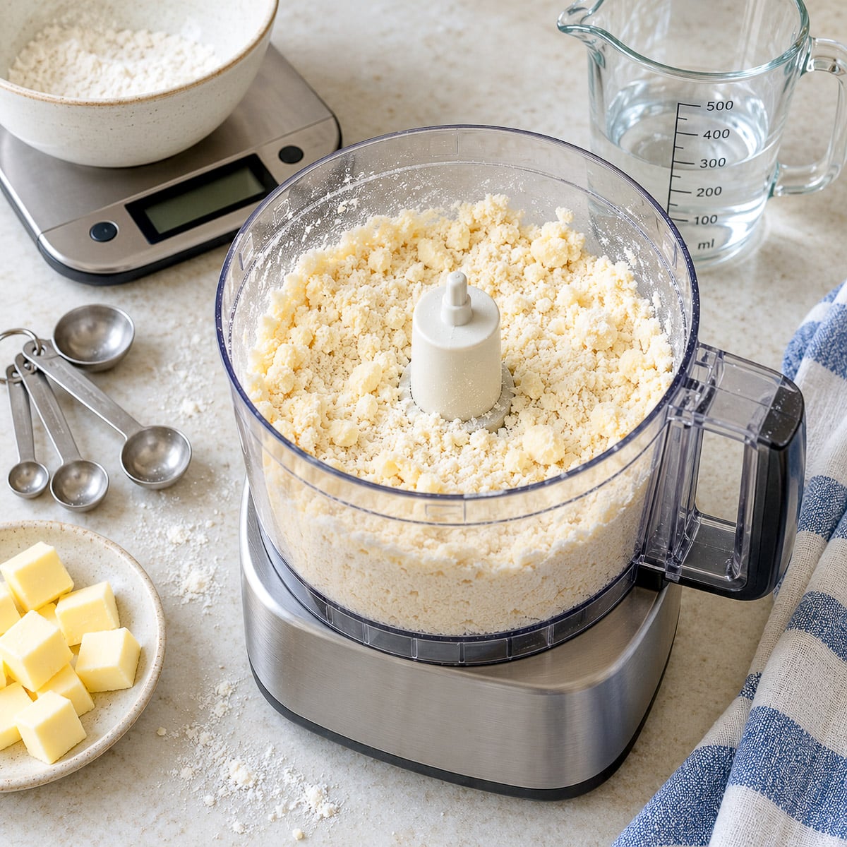 Flour and butter mixed to resemble breadcrumbs in a food processor.
