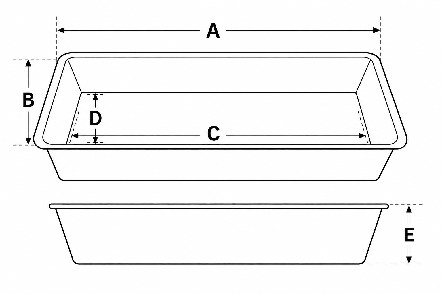 How to measure the top and base length, width and depth of a sloping-sided rectangular baking dish.