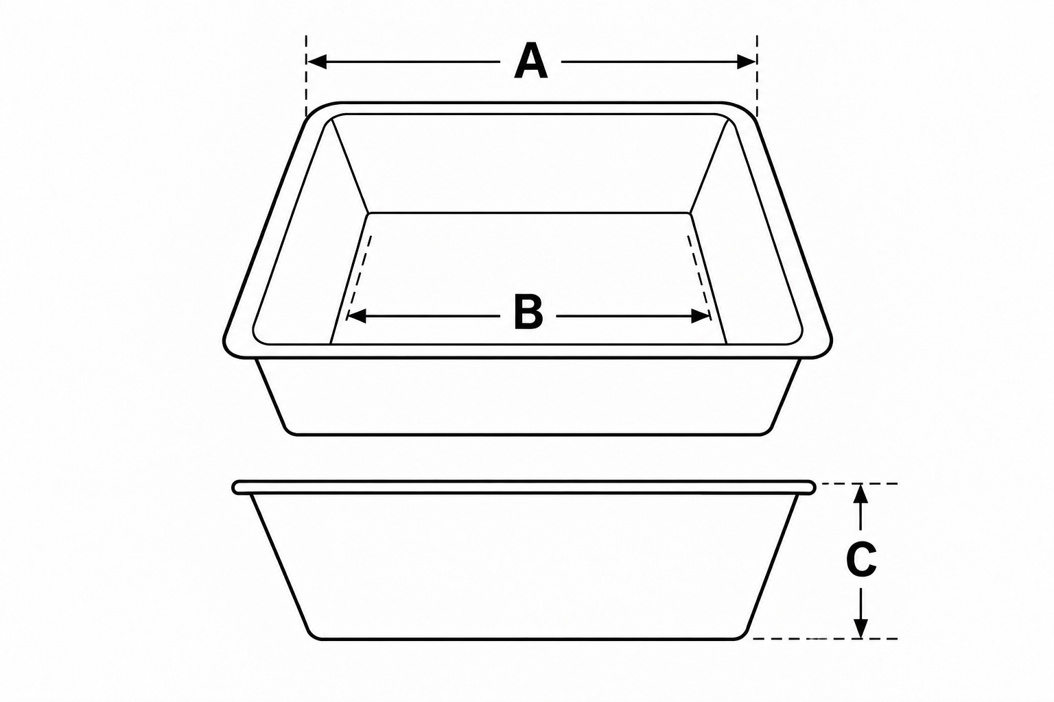 How to measure the top and base sides and depth of a square straight-sided baking dish.