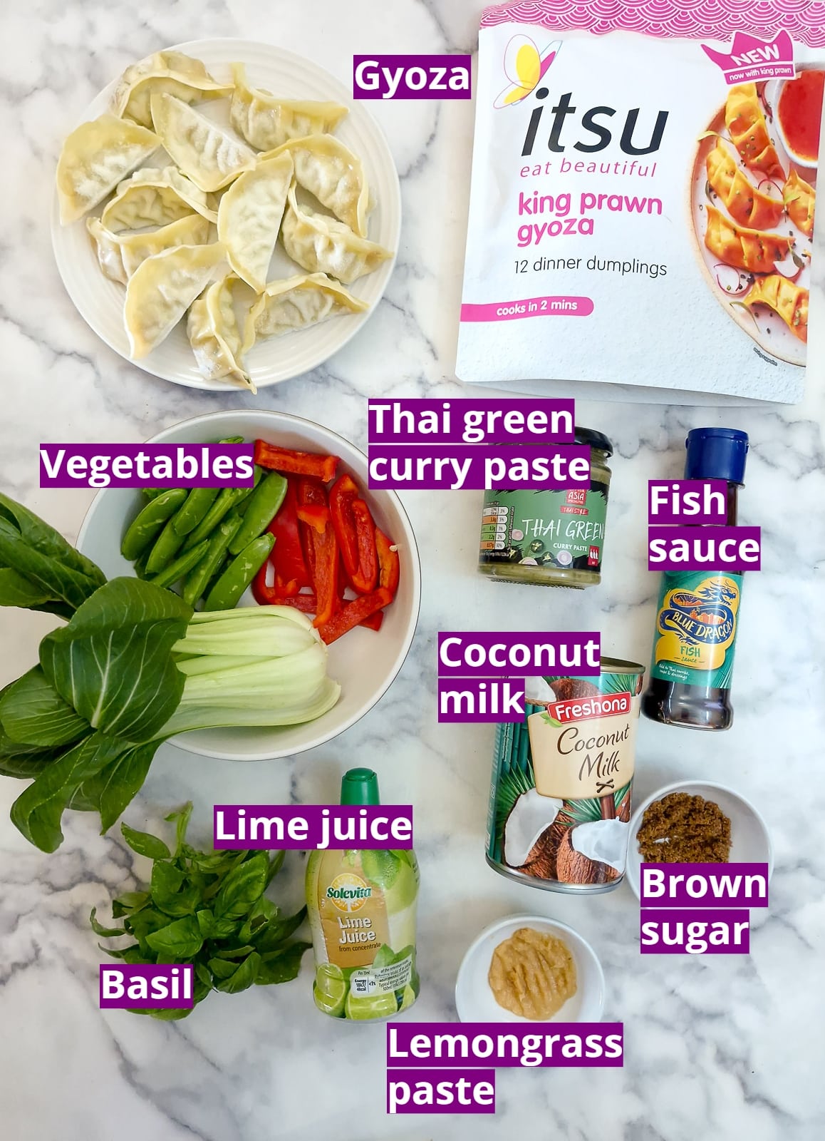 Ingredients to make a Thai green curry gyoza bake.
