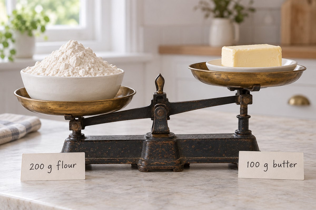 A set of old-fashioned weighing scales with flour on one side and butter on the other.