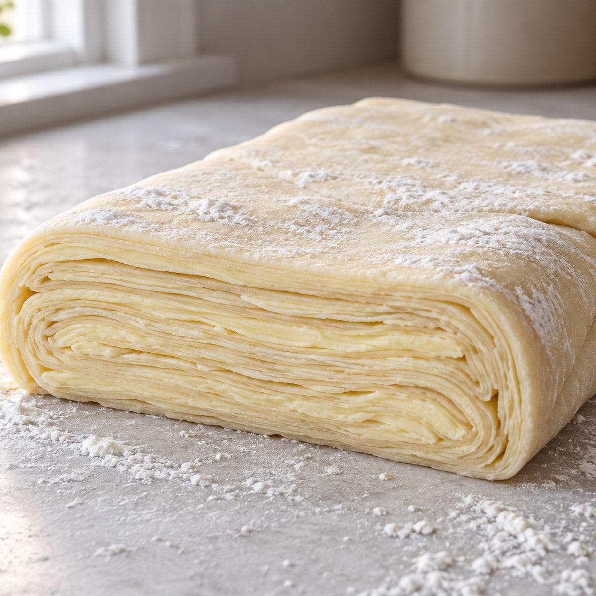 A folded, laminated roll of pastry with a slice cut off to show the laminations inside.