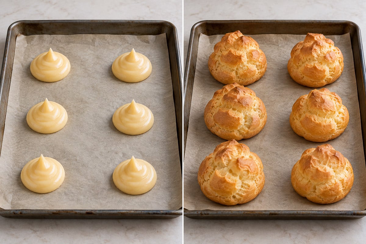 6 unbaked and 6 baked choux buns on 2 baking trays side by side.