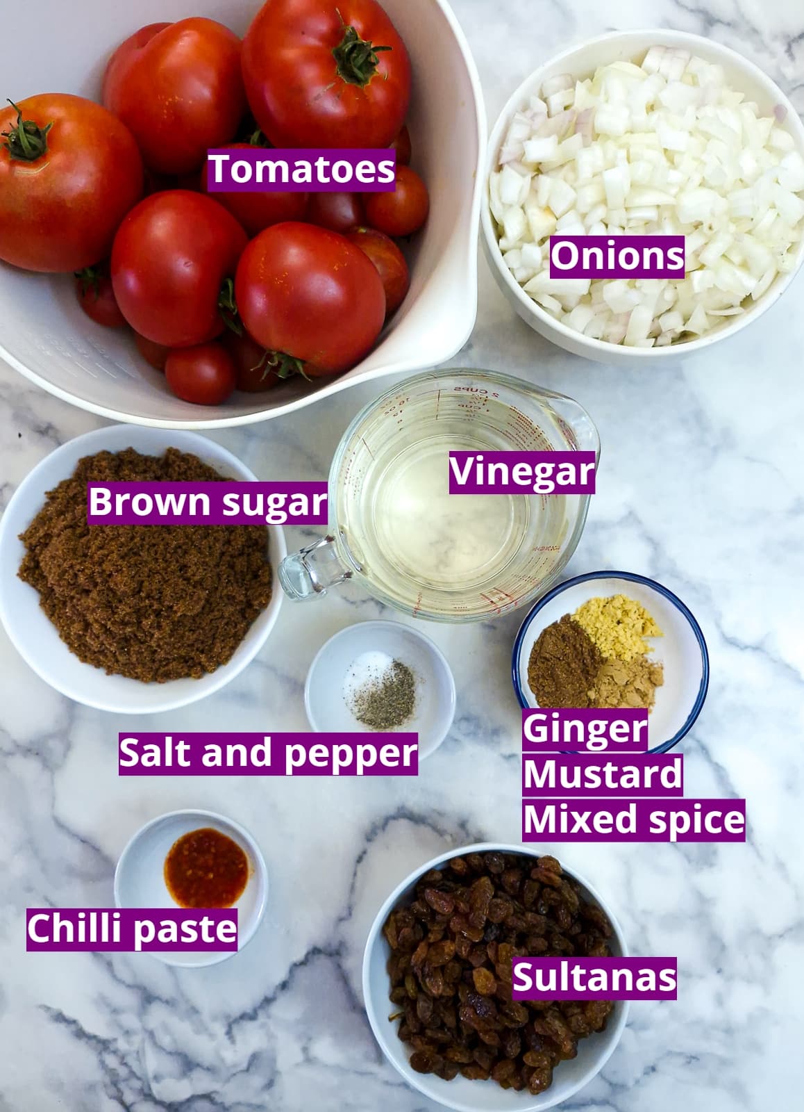 Ingredients for fruity tomnato chutney.