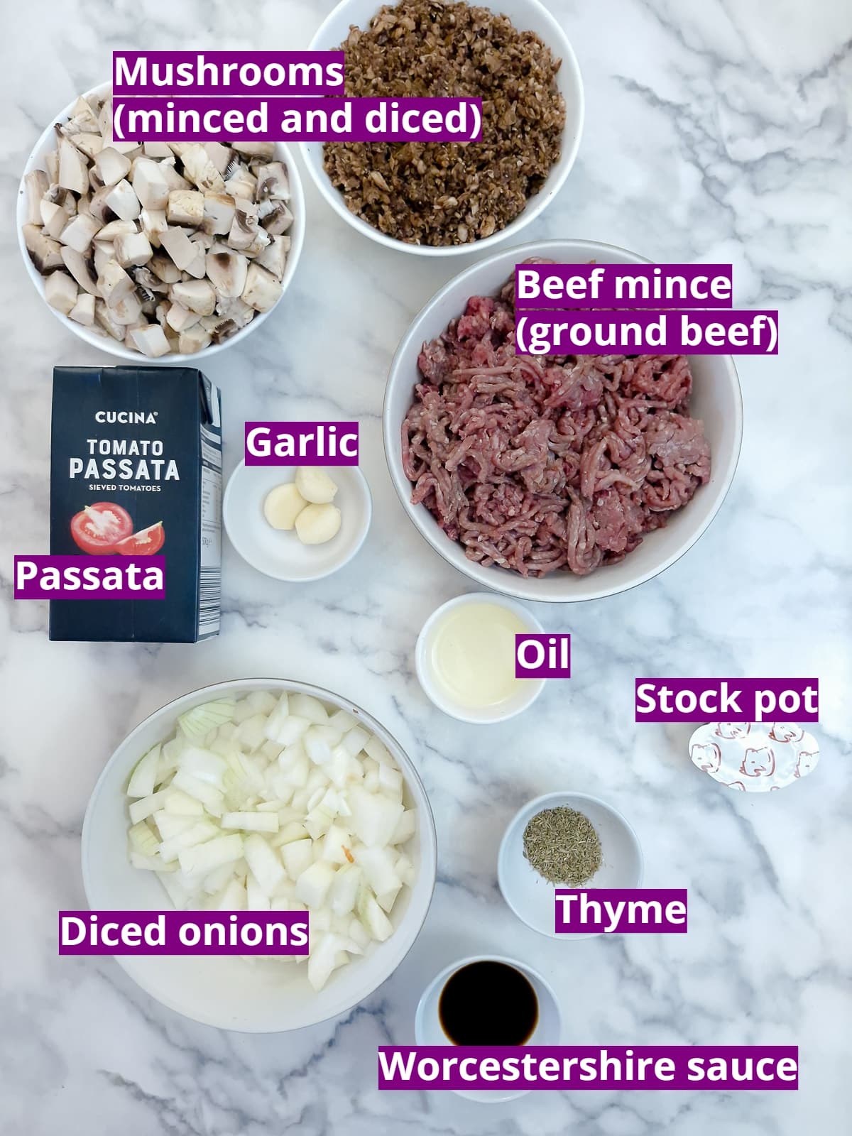 Ingredients for the minced beef and mushroom filling.